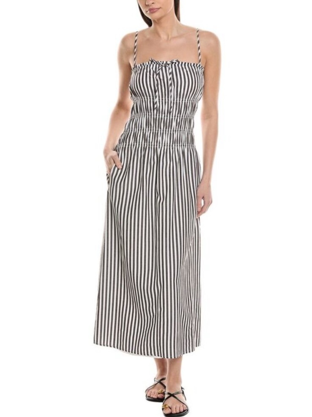 NWT Onia Womens Smocked Midi Dress Dark Chocolate/White SIZE XS